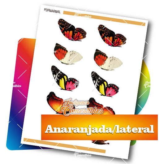 Planilla PDF con 12 círculos de 6 cm. Mariposas anaranjadas lateral