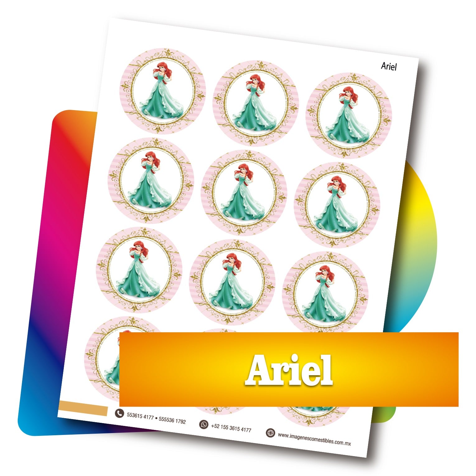 Planilla PDF con 12 círculos de 6 cm. Ariel
