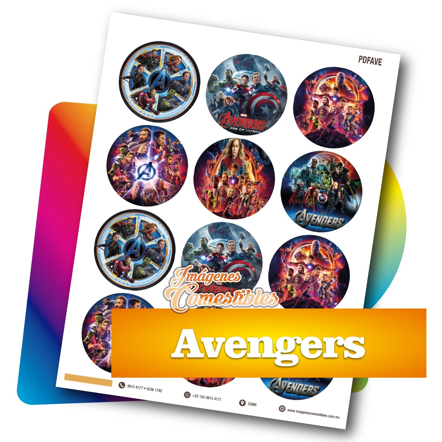 Planilla PDF con 12 círculos de 6 cm. Avengers