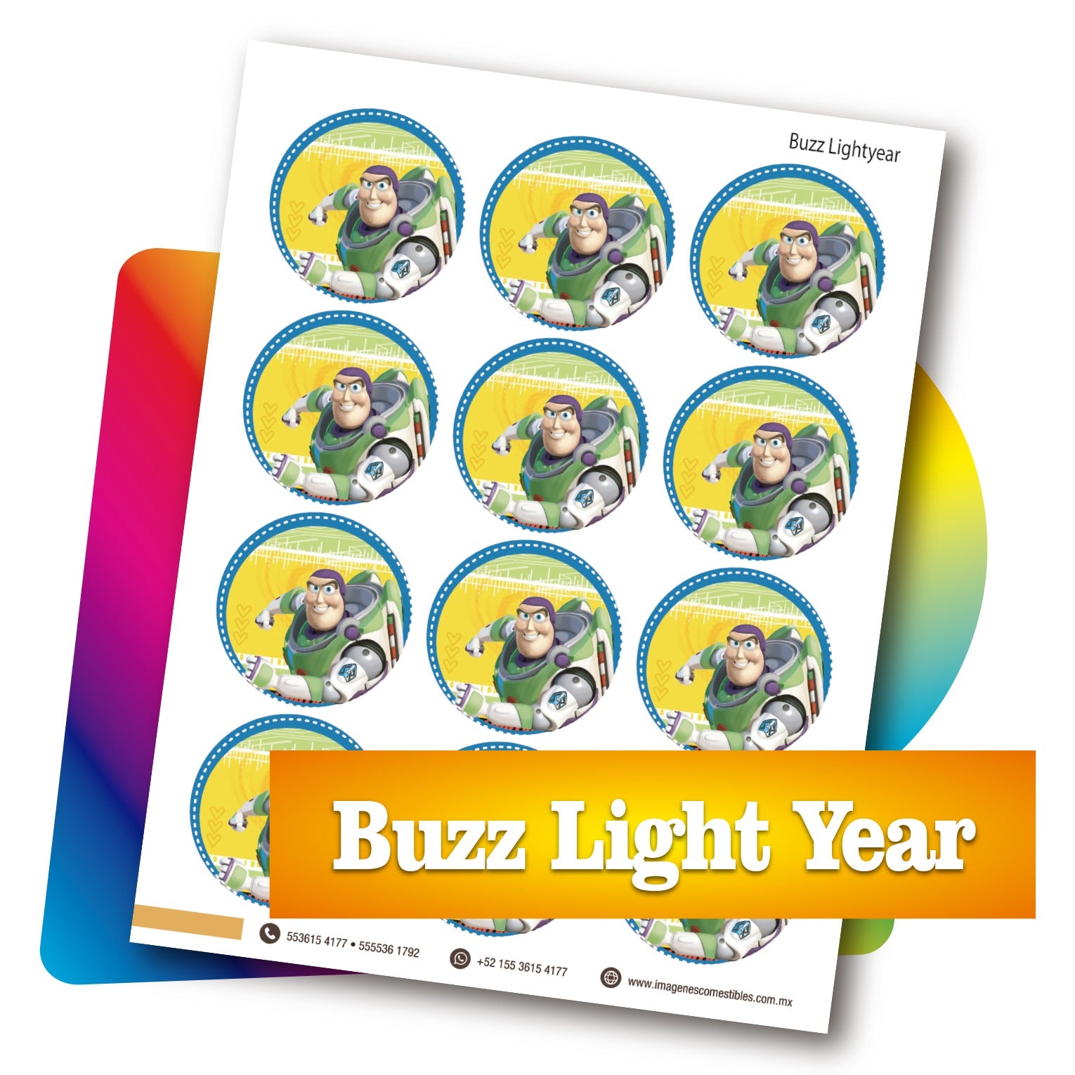 Planilla PDF con 12 círculos de 6 cm. Buzz light year