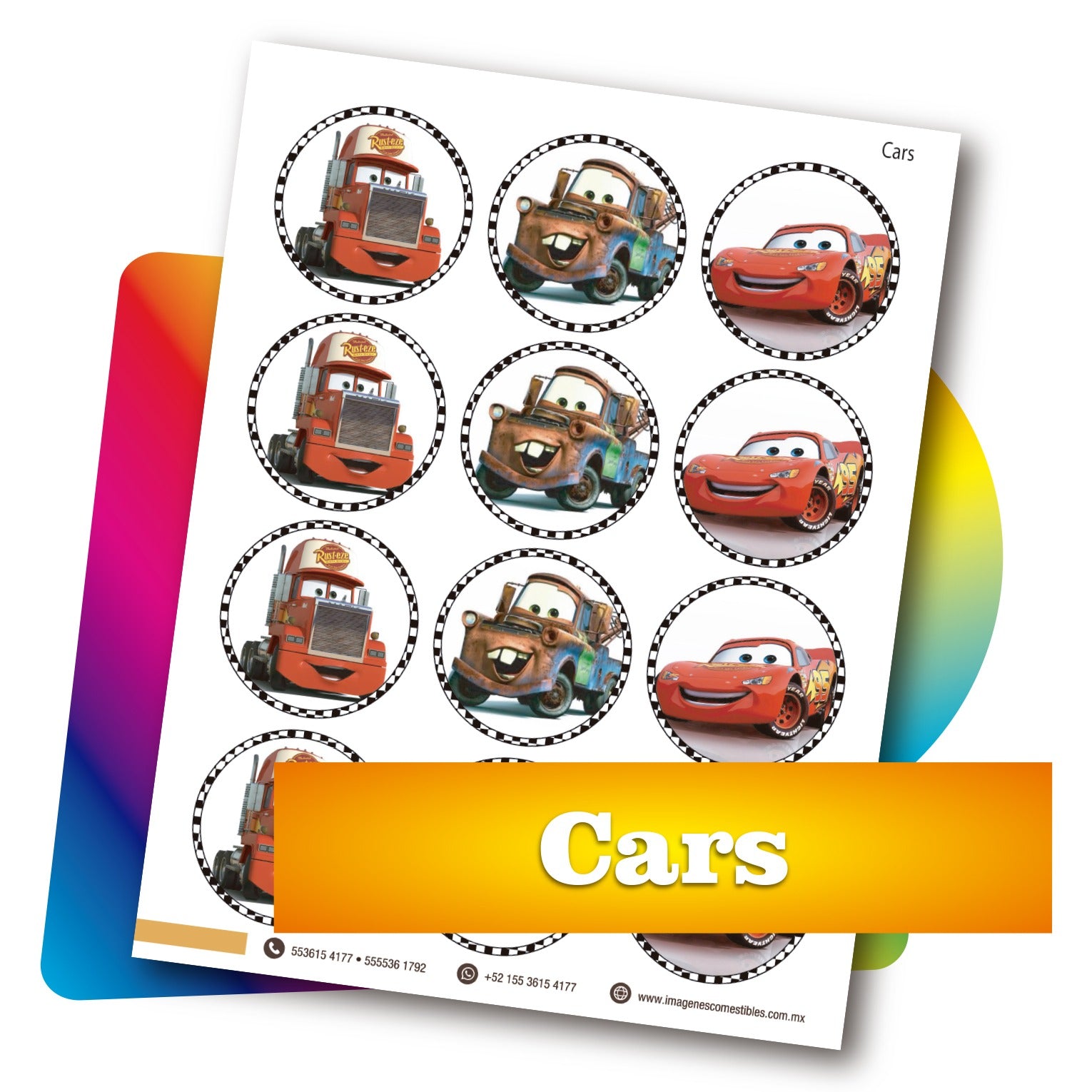 Planilla PDF con 12 círculos de 6 cm. Cars