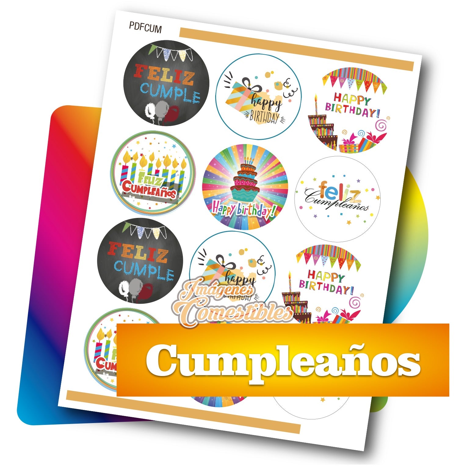 Planilla PDF con 12 círculos de 6 cm. Cumpleaños