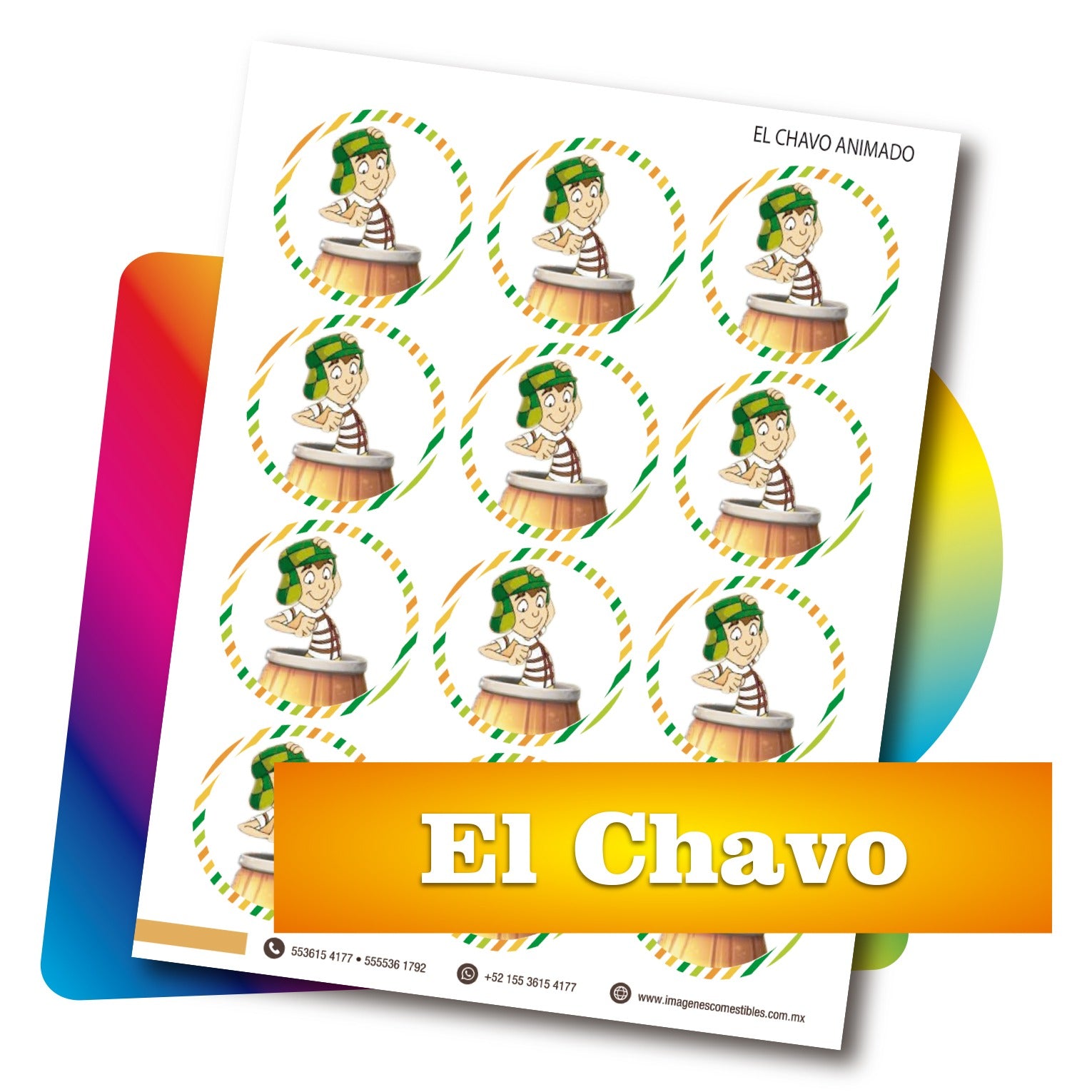 Planilla PDF con 12 círculos de 6 cm. El Chavo