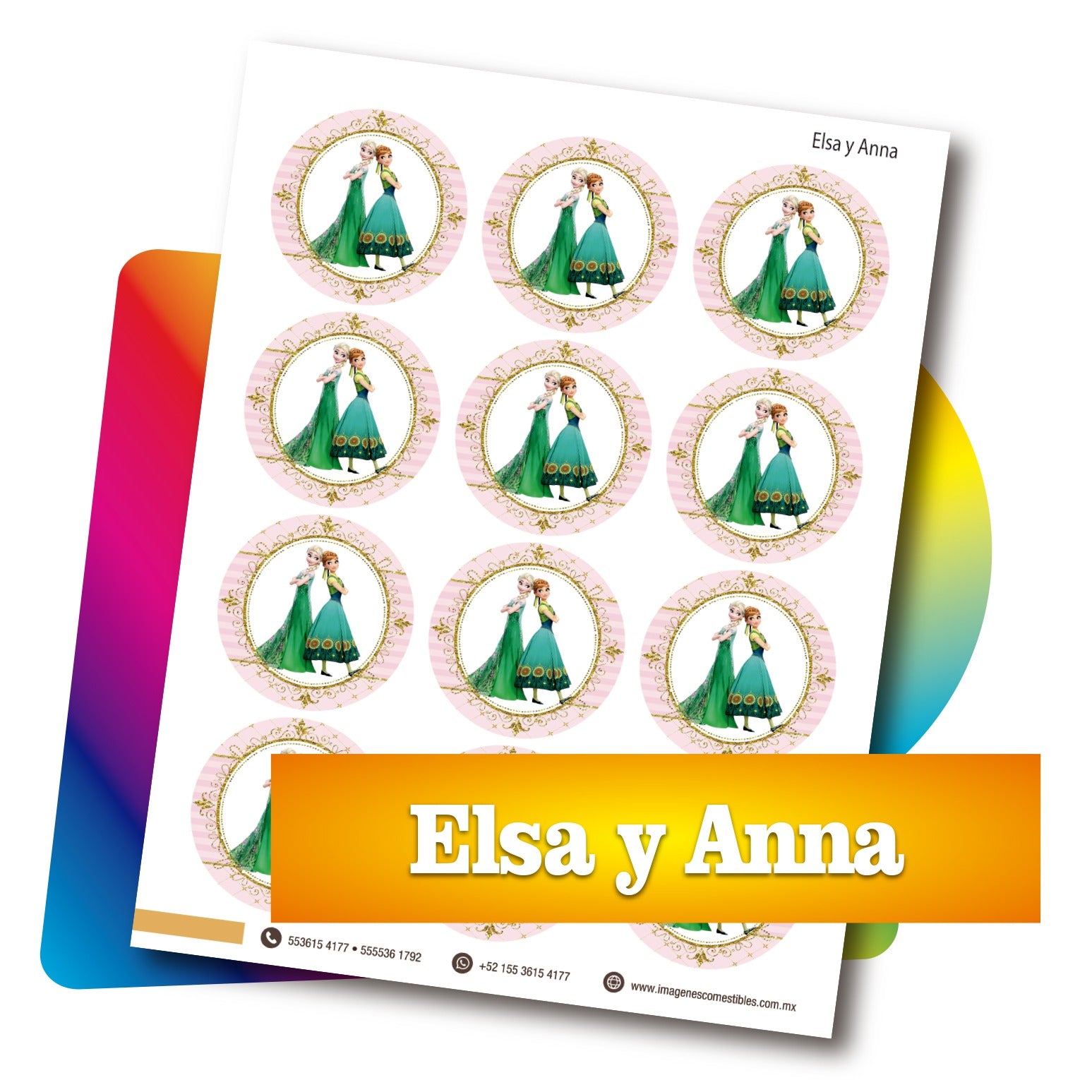 Planilla PDF con 12 círculos de 6 cm. Elsa y Anna
