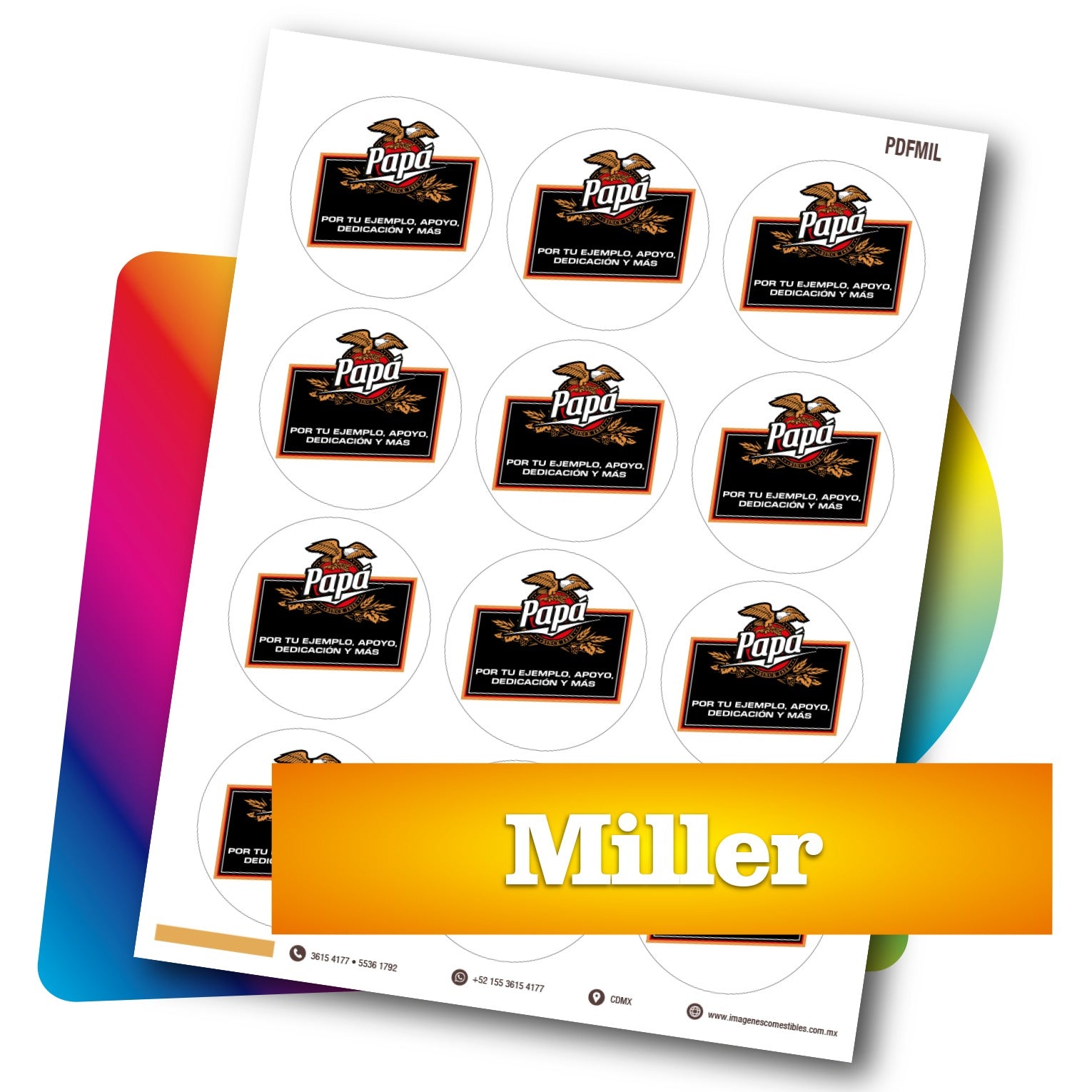 Planilla PDF con 12 círculos de 6 cm. Miller