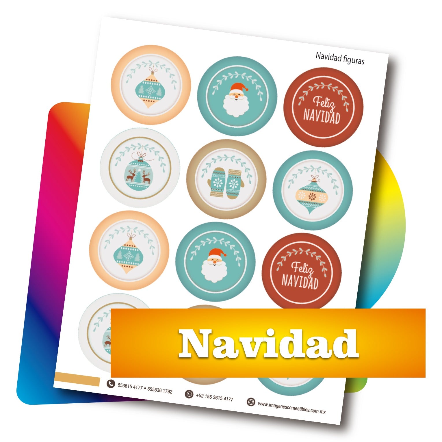 Planilla PDF con 12 círculos de 6 cm. Navidad figuras