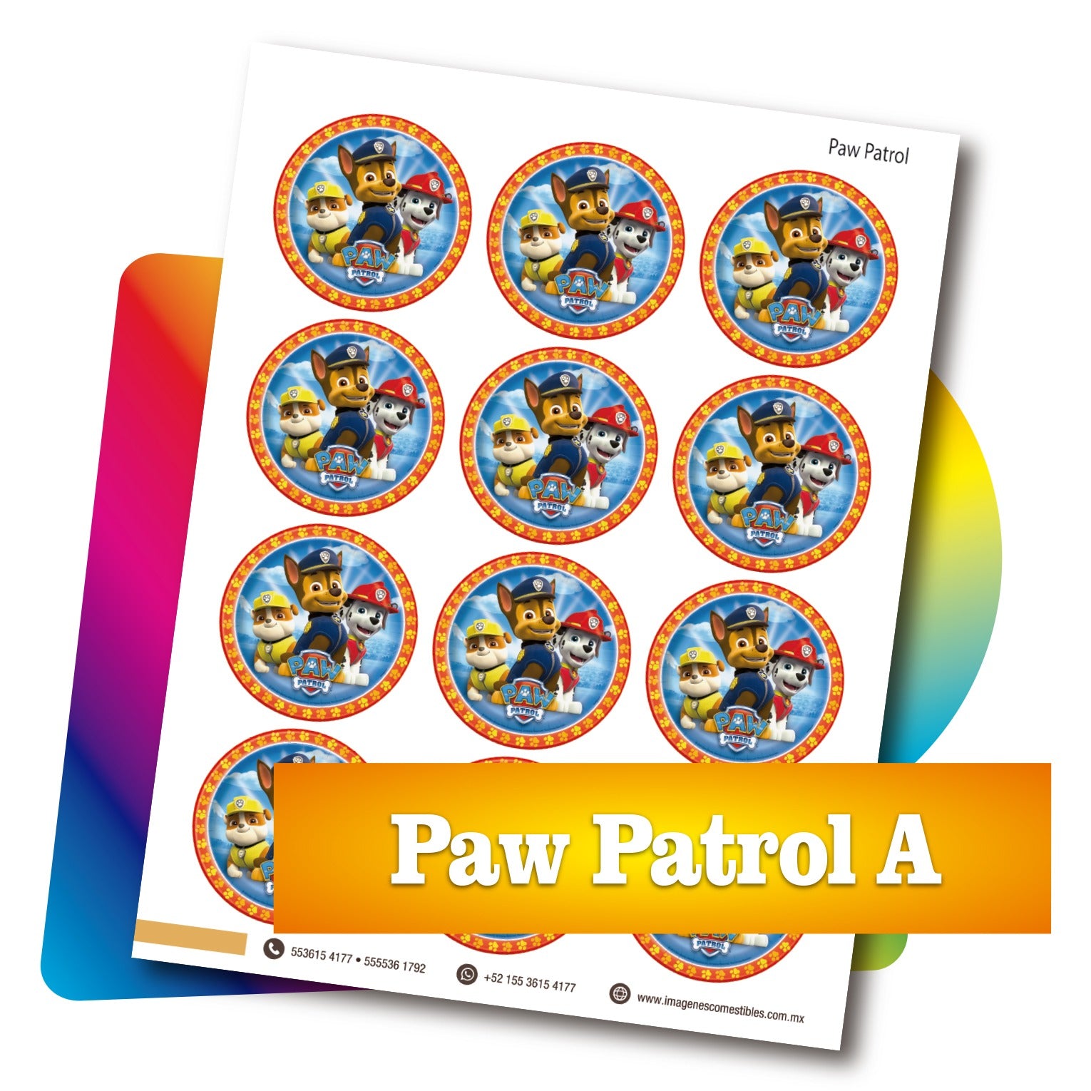 Planilla PDF con 12 círculos de 6 cm. Paw Patrol-A