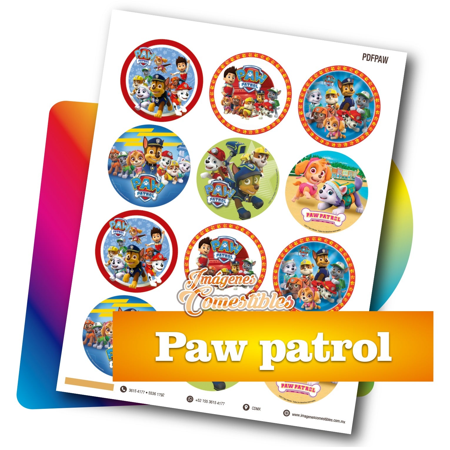 Planilla PDF con 12 círculos de 6 cm. Paw patrol