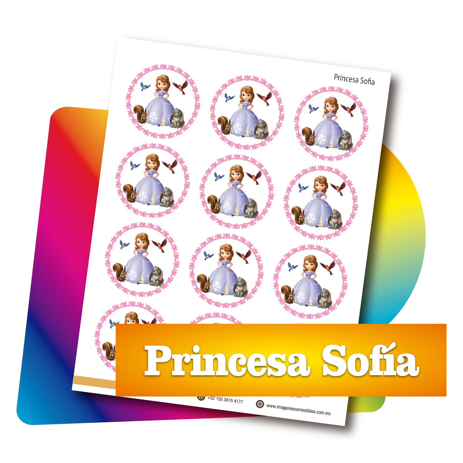 Planilla PDF con 12 círculos de 6 cm. Princesa Sofía